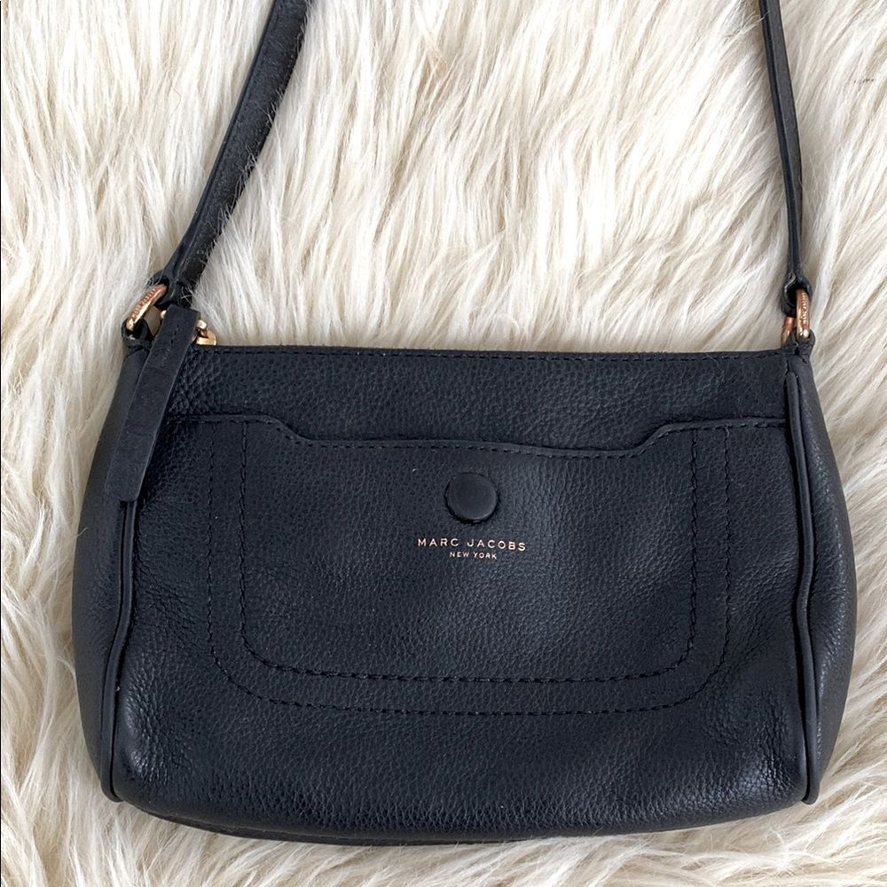 Marc Jacobs Black Leather Crossbody Bag Gold Logo Urban Minimalist Designer